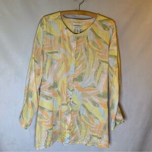 Rachel Zoe 100% Linen Pastel Leaf Print Button Front Tunic Top. Plus Size 2X